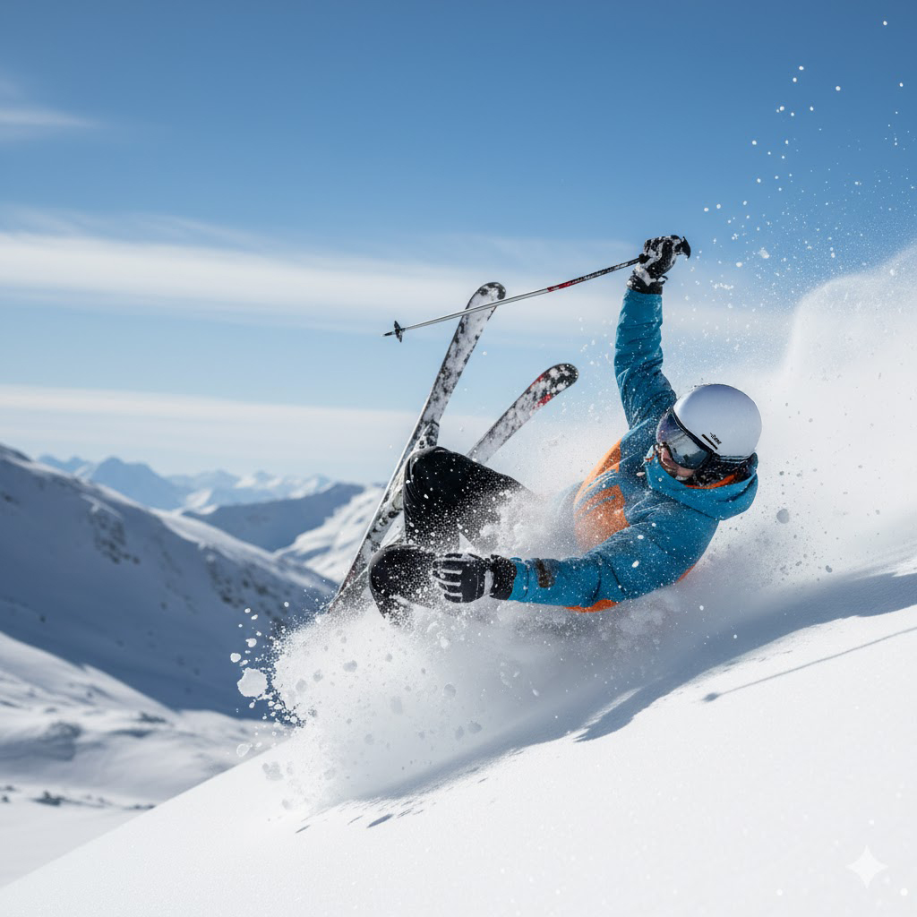 Skieur en pleine chute dans la neige avec masque de ski bien maintenu sur le visage